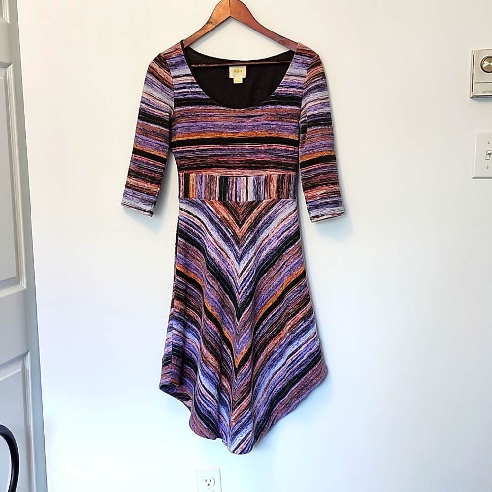 Maeve size XS patterned stretch 3/4 sleeve asymmetrical hem dress excellent cond - Picture 1 of 6